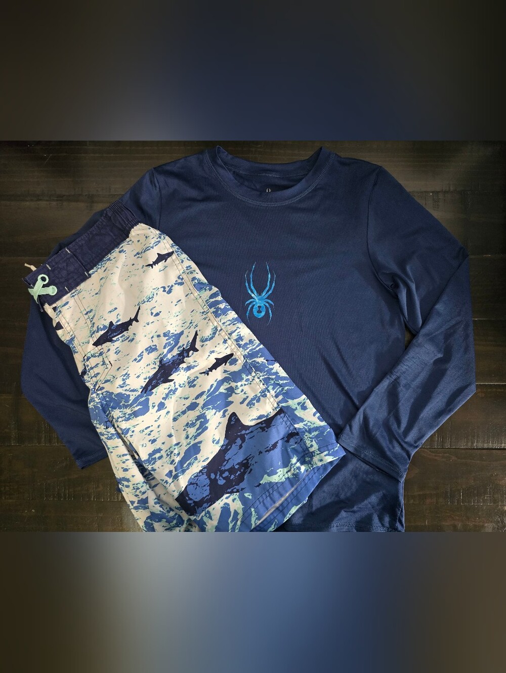 Boys Spyder Boys Navy Rash Guard with Blue Shark Camo Swim Trunks